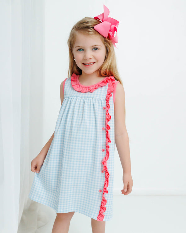 Clara Sleeveless Dress- Blue Gingham And Pink