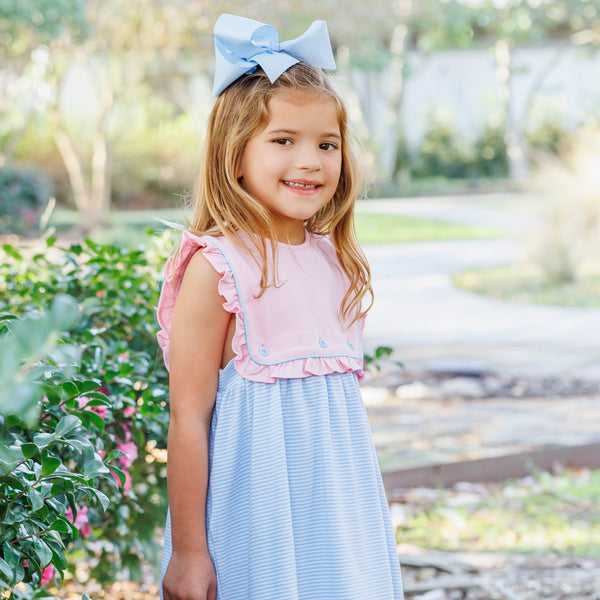 Amelia Dress- Pink with Light Blue Stripe