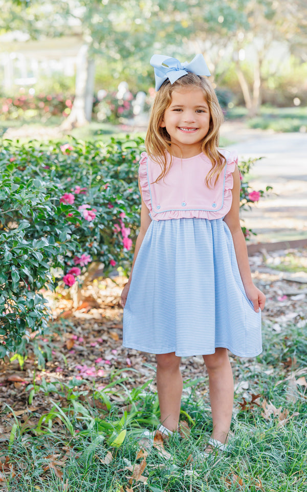 Amelia Dress- Pink with Light Blue Stripe