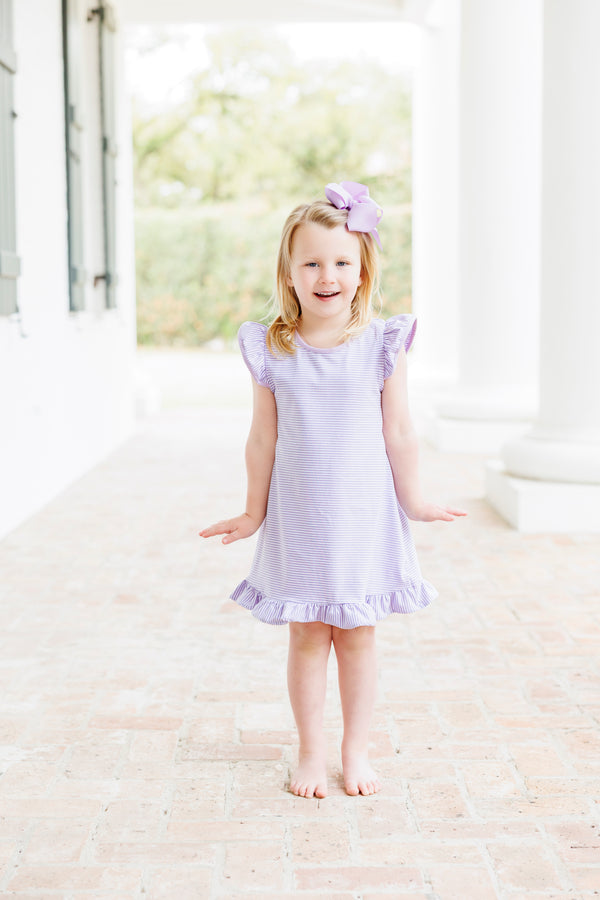 Flutter Sleeve Dress- Lavender Stripe