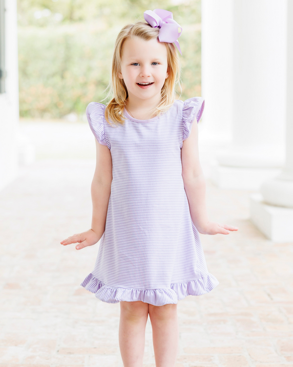 Flutter Sleeve Dress- Lavender Stripe