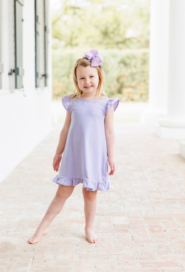 Flutter Sleeve Dress- Lavender Stripe