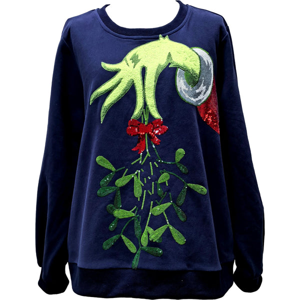 Navy Grinch Mistle Toe Hand Sweatshirt- Women's