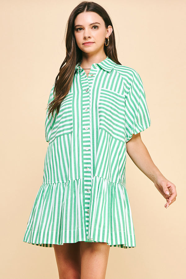 Striped Button-Down Mini Dress- Green