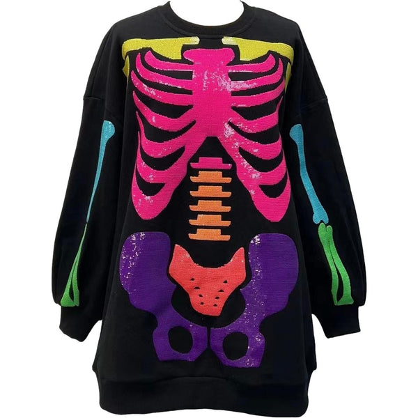 Black Rainbow Skeleton Sweatshirt Dress- Women's