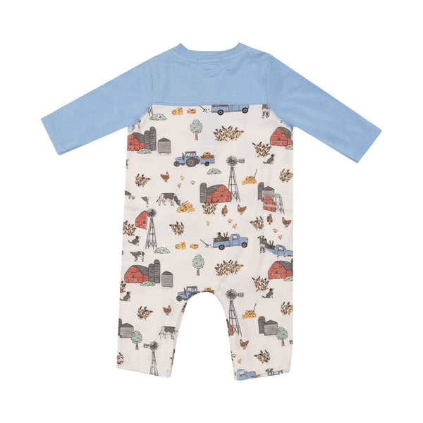 Hay Farmer Romper w/ Contrast Sleeve- Blue