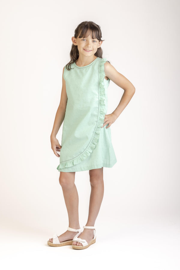 Classic Swiss Dot Ruffle Dress- Aqua