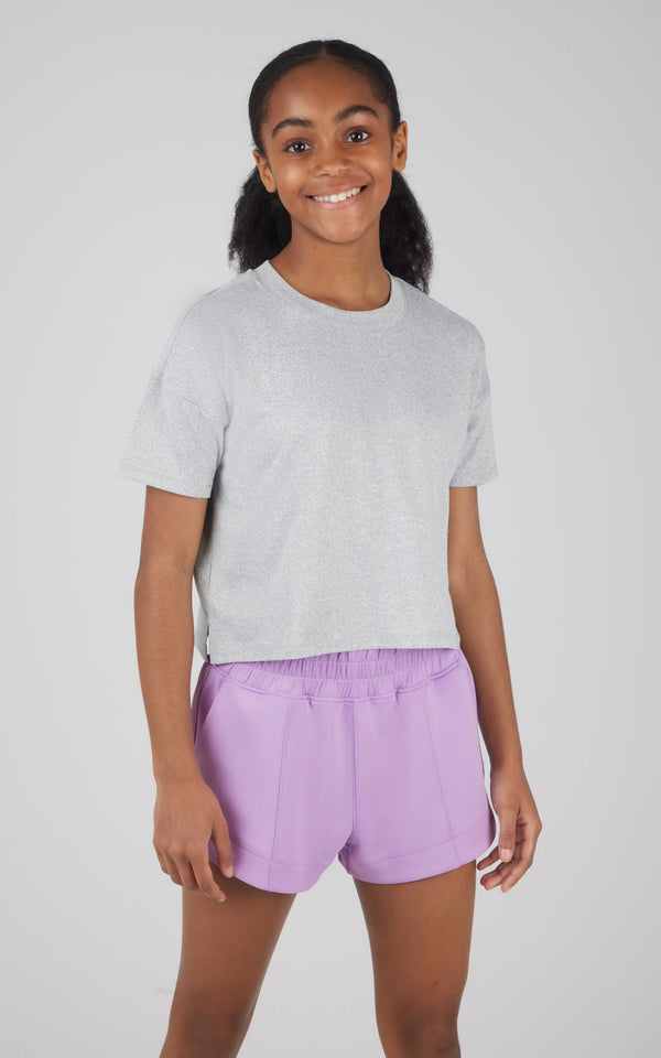 Boxy T-Shirt Short Set: Light Heather Gray/Lilac Breeze