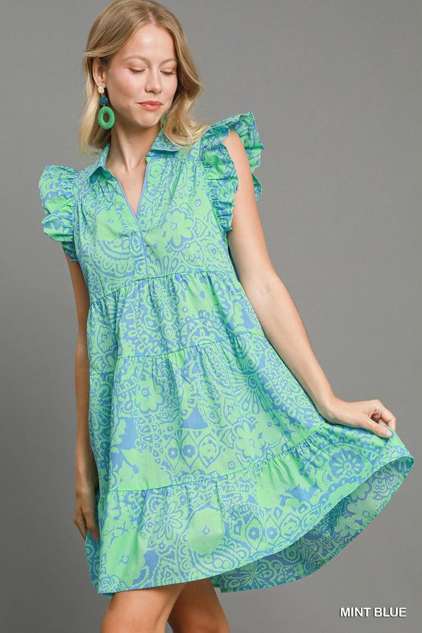 Ruffle V-Neck Dress- Mint Blue