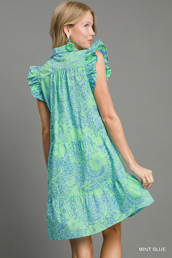 Ruffle V-Neck Dress- Mint Blue