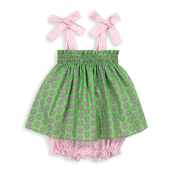 Shoulder Tie Bloomer Set- Green Dahlia w/ Pink Stripe