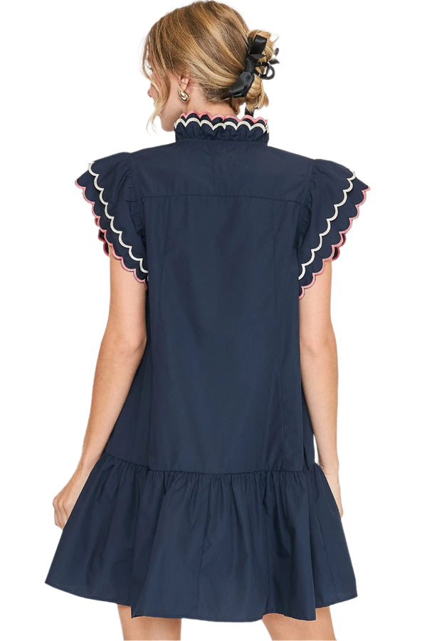 Ruffled Scalloped Sleeved Dress- Navy