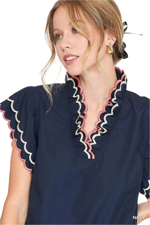 Ruffled Scalloped Sleeved Dress- Navy