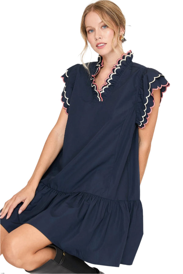 Ruffled Scalloped Sleeved Dress- Navy