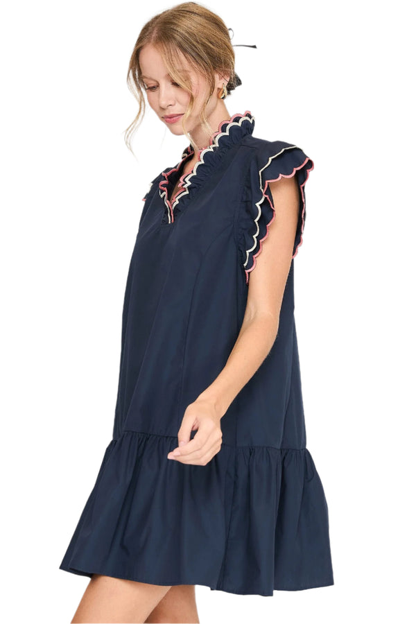 Ruffled Scalloped Sleeved Dress- Navy