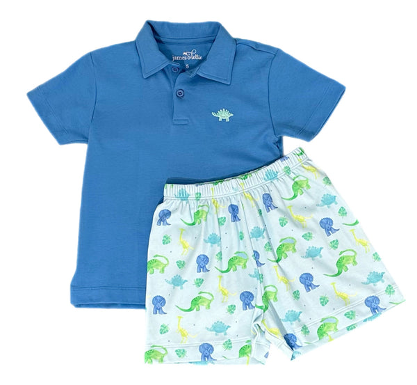 Dinosaur Knit Blue Polo Short Set