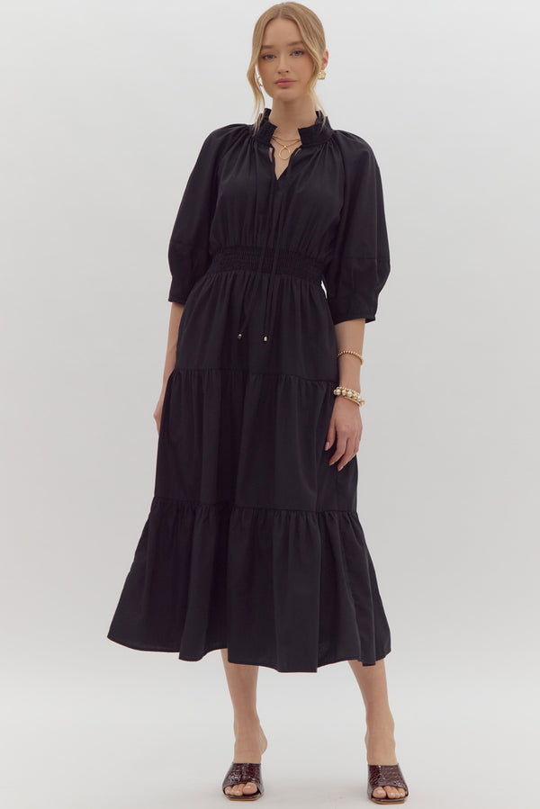 V-Neck Tiered Midi Dress- Black