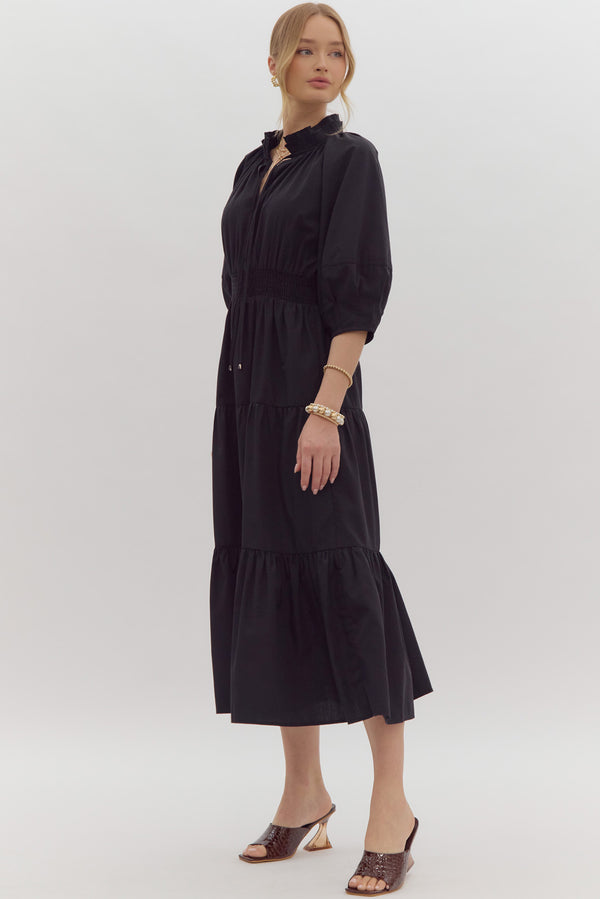 V-Neck Tiered Midi Dress- Black