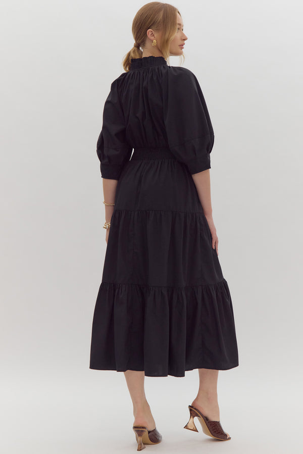 V-Neck Tiered Midi Dress- Black