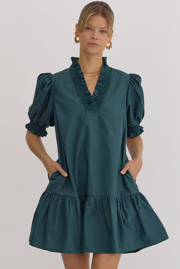 Ruffle V-Neck Pocket Dress- Hunter Green