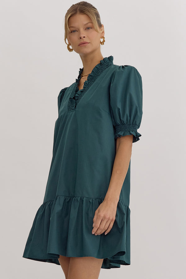 Ruffle V-Neck Pocket Dress- Hunter Green