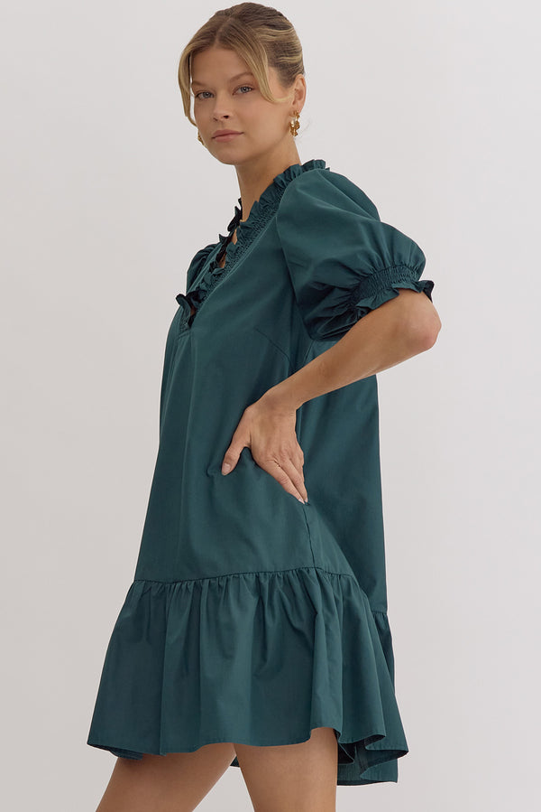 Ruffle V-Neck Pocket Dress- Hunter Green