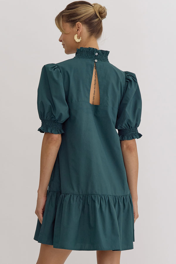 Ruffle V-Neck Pocket Dress- Hunter Green