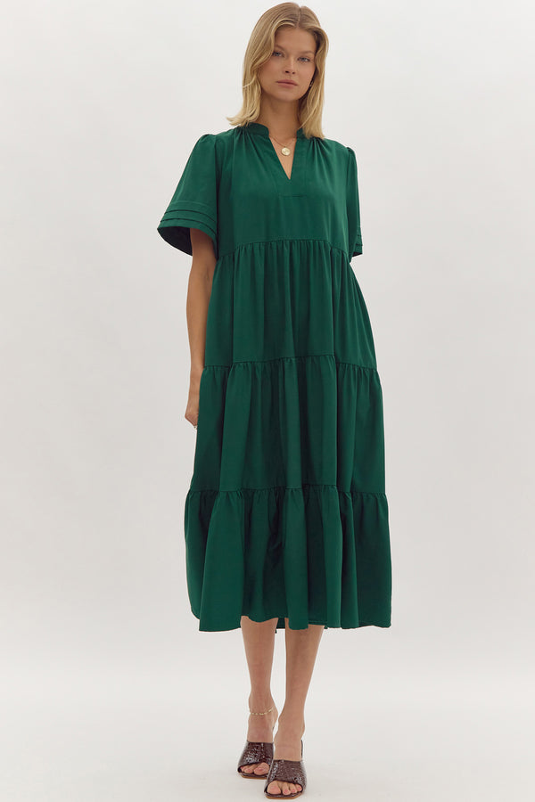 V-Neck Tiered Midi Dress- Forest