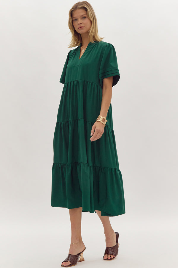 V-Neck Tiered Midi Dress- Forest