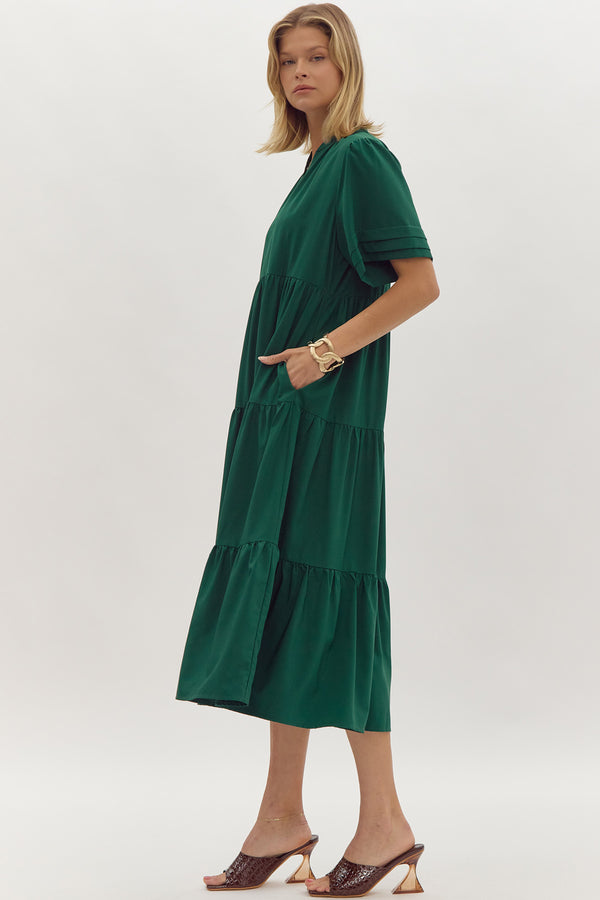 V-Neck Tiered Midi Dress- Forest