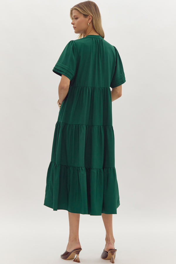 V-Neck Tiered Midi Dress- Forest