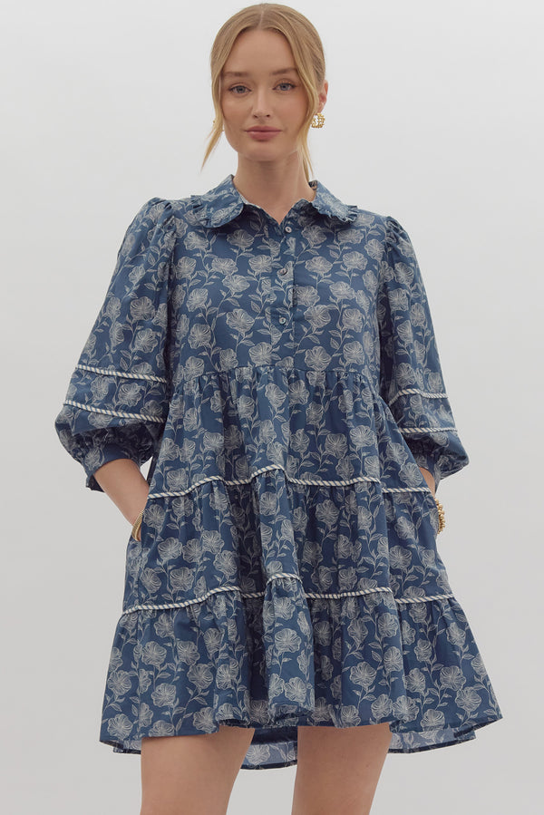 Collared Floral Pocket Dress- Blue