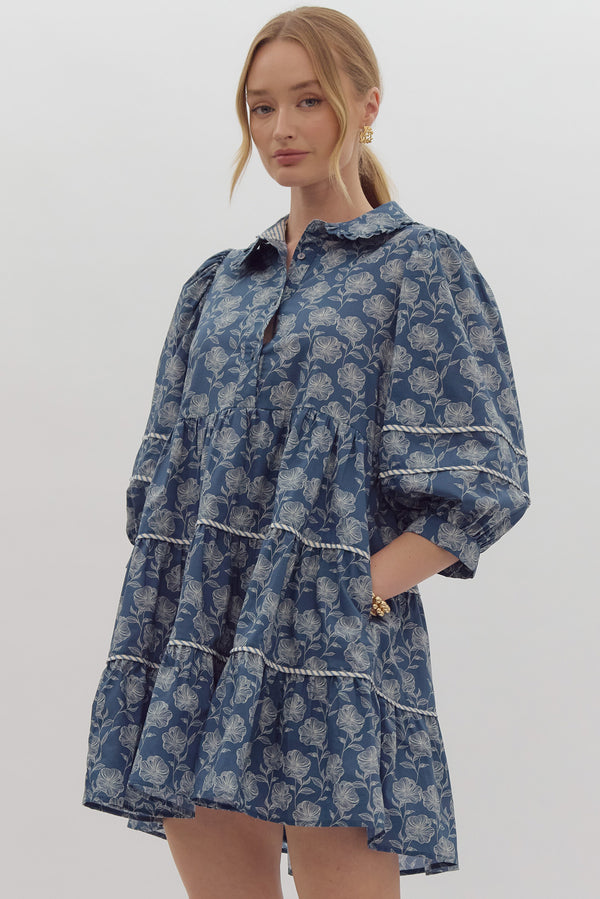 Collared Floral Pocket Dress- Blue