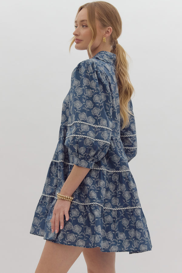 Collared Floral Pocket Dress- Blue