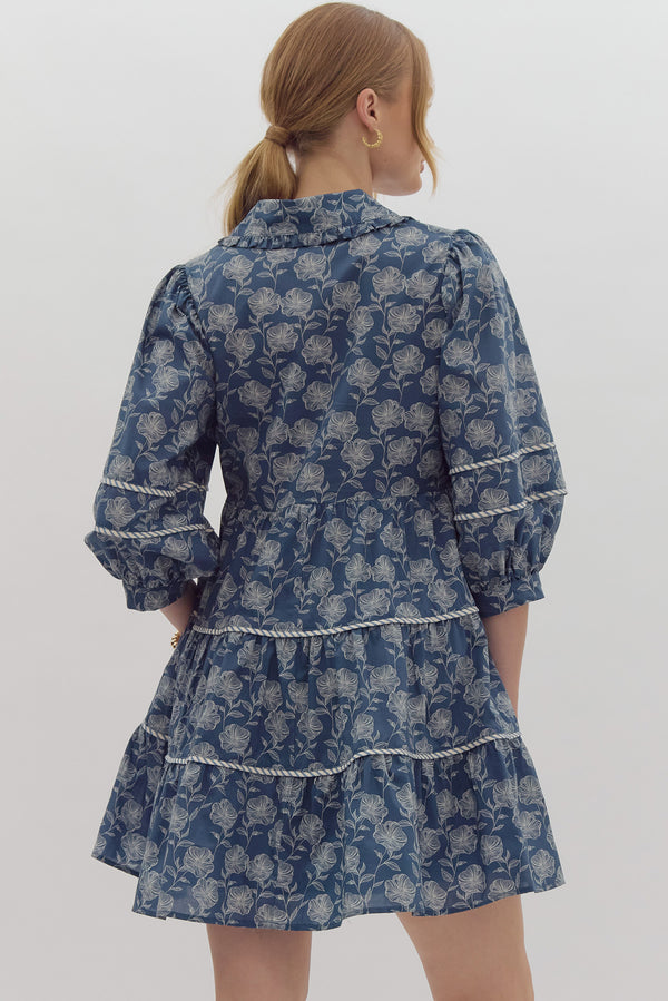 Collared Floral Pocket Dress- Blue