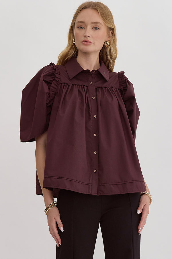 Button Up Half Sleeve Top- Chocolate