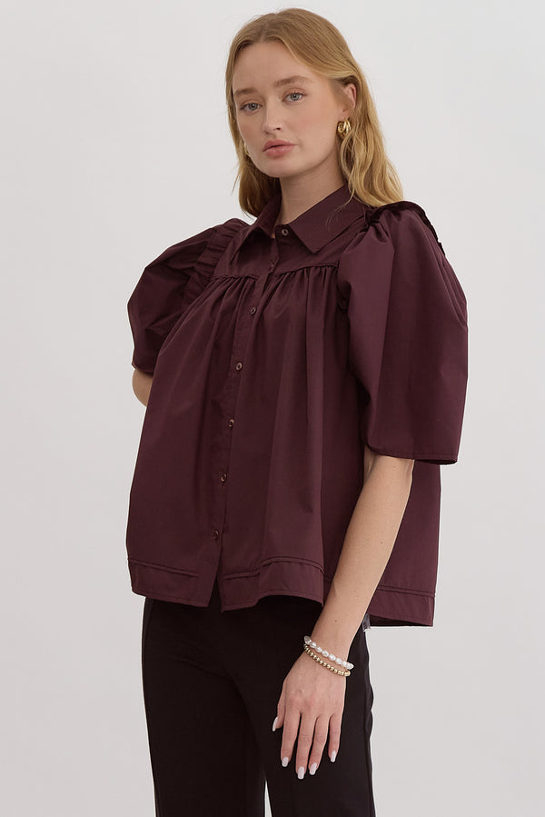 Button Up Half Sleeve Top- Chocolate