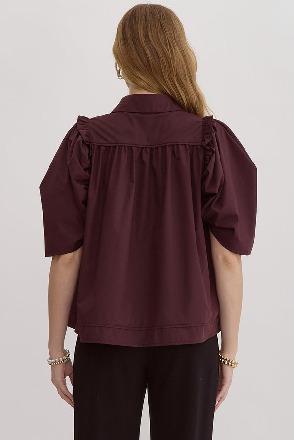 Button Up Half Sleeve Top- Chocolate