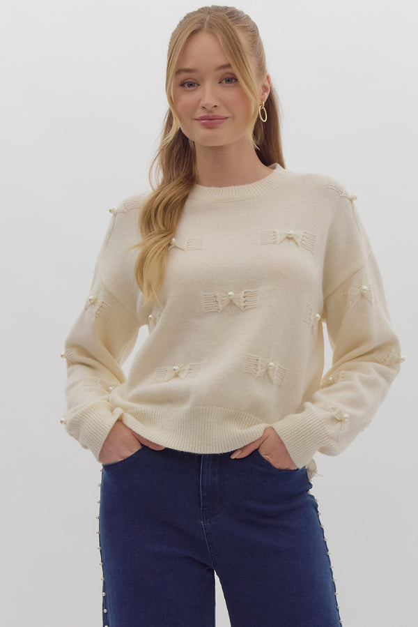 Pearl Bow Sweater- Cream