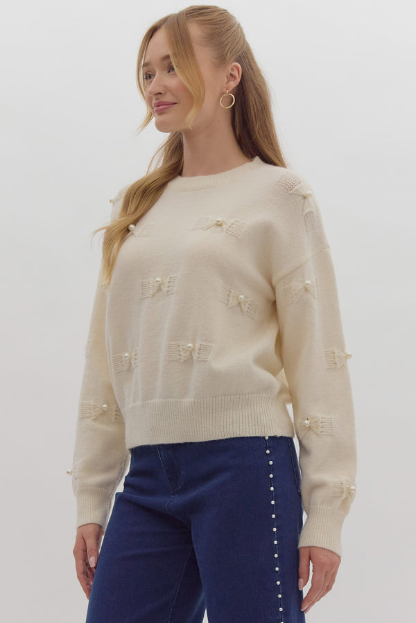 Pearl Bow Sweater- Cream