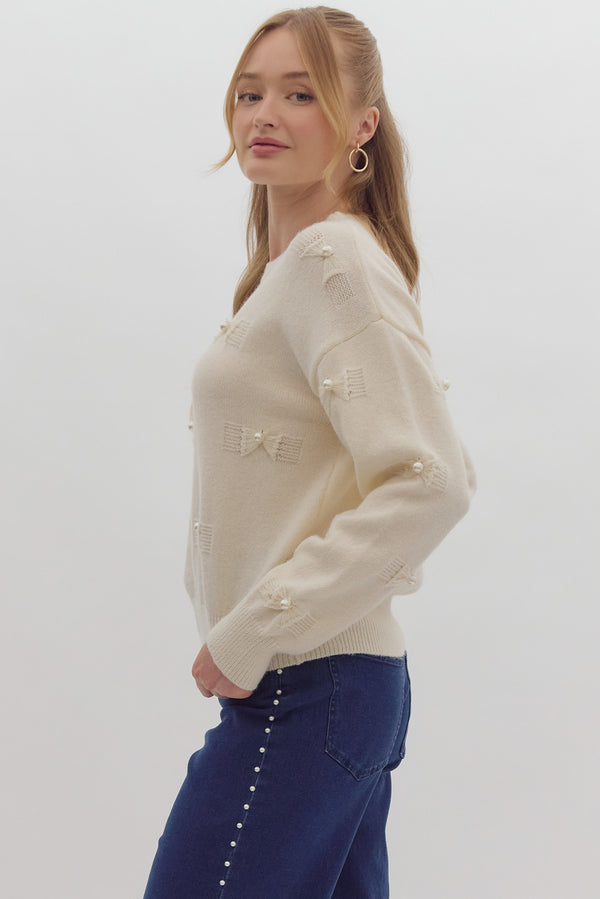 Pearl Bow Sweater- Cream