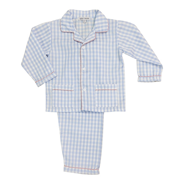 Blue Gingham W/ Red Stripe Trim Pajamas