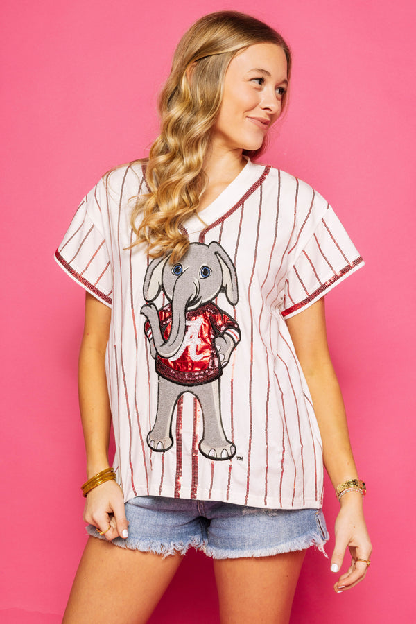 White Crimson Stripe Alabama Elephant Tee- (Women's)