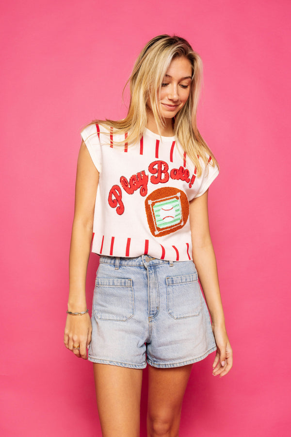 Red & White Stripe 'Play Ball' Top- (Women's)