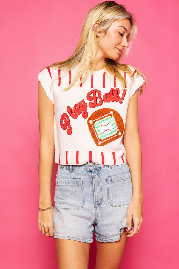 Red & White Stripe 'Play Ball' Top- (Women's)