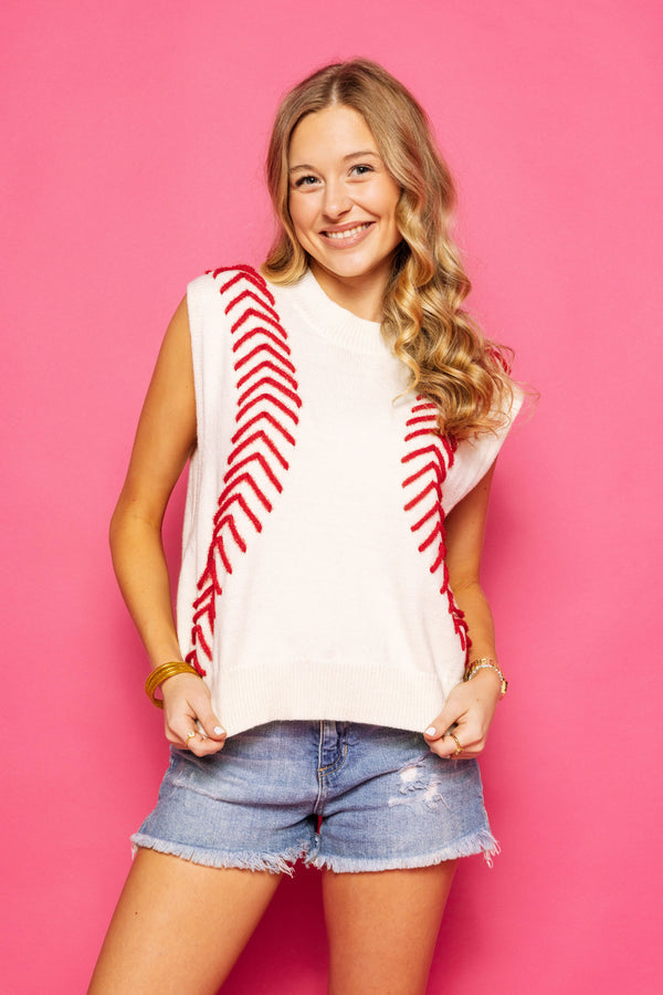 White Baseball Stitch Sweater Vest- White