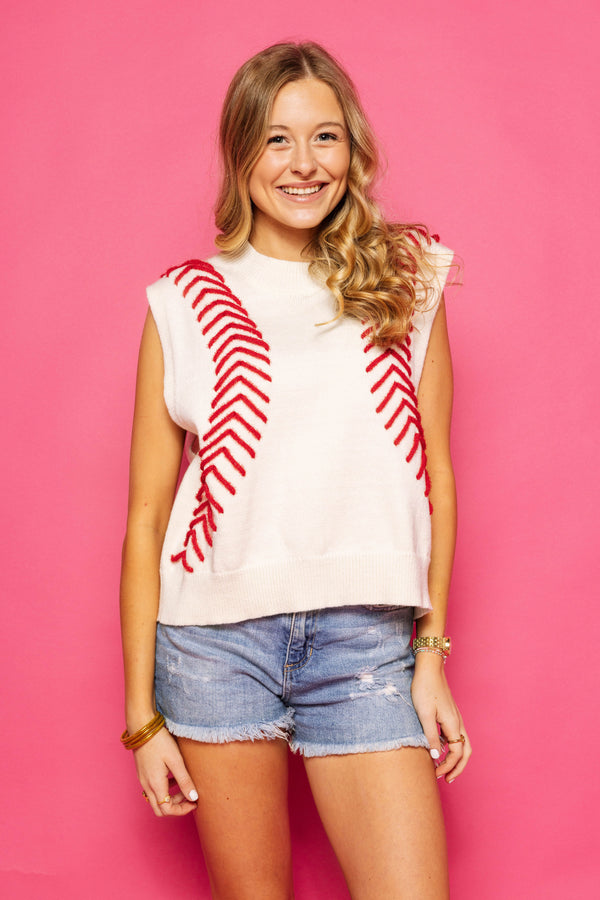 White Baseball Stitch Sweater Vest- White