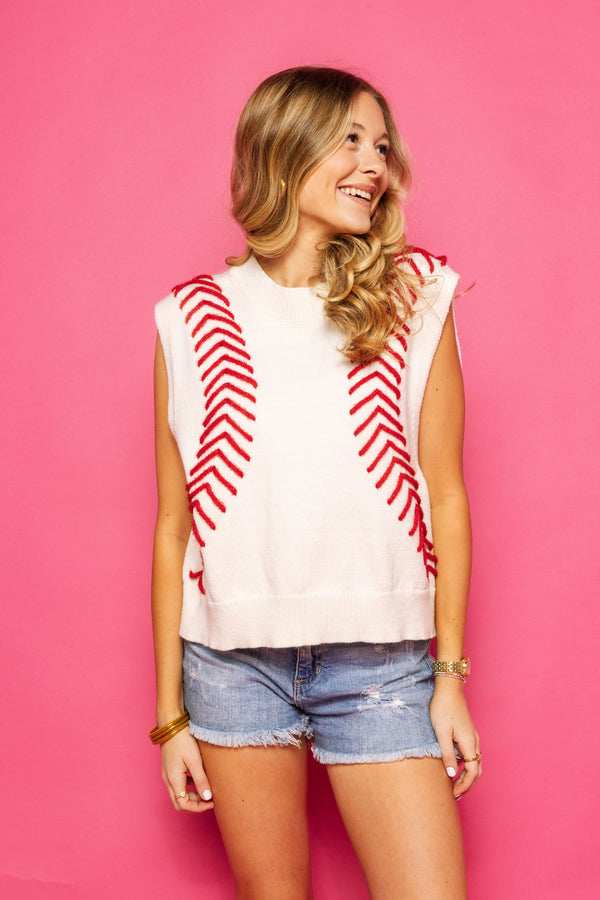 White Baseball Stitch Sweater Vest- White