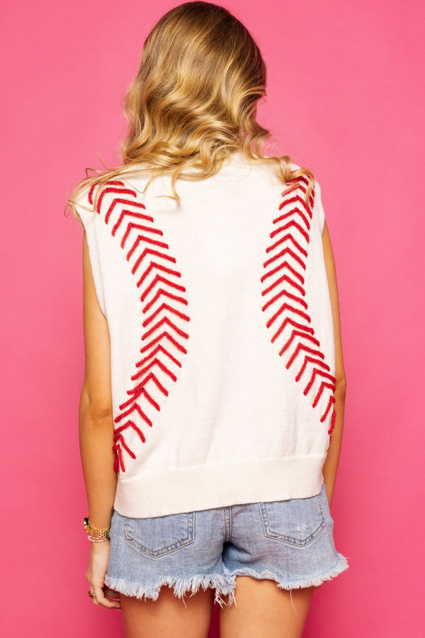 White Baseball Stitch Sweater Vest- White