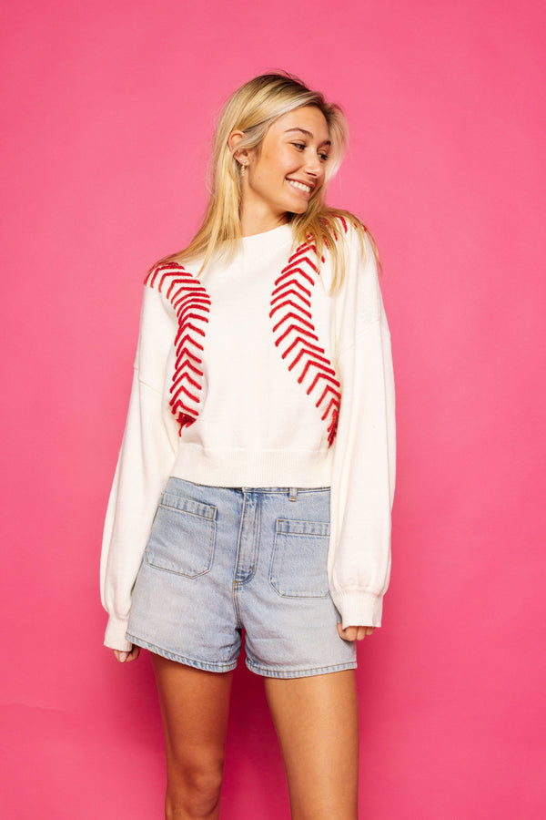 White Baseball Stitch Long Sleeve Sweater- White